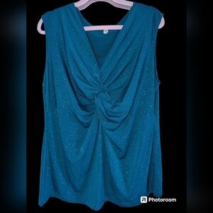 Roz & Ali TURQUOISE SPARKLY TWIST KNOT DRAPE SLEEVELESS TOP SIZE 14/16